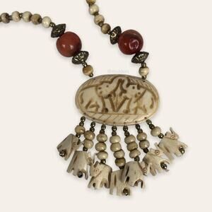 Vintage Carved Elephant Themed Dangle Tassel Beaded Statement Necklace
